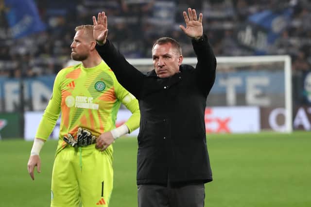 Celtic manager Brendan Rodgers salutes the travelling fans after the goalless draw with Atalanta in Bergamo. (Photo by Marco Luzzani/Getty Images)