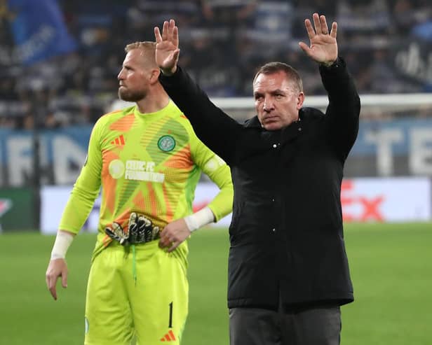 Celtic manager Brendan Rodgers salutes the travelling fans after the goalless draw with Atalanta in Bergamo. (Photo by Marco Luzzani/Getty Images)