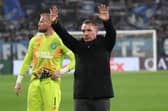 Celtic manager Brendan Rodgers salutes the travelling fans after the goalless draw with Atalanta in Bergamo. (Photo by Marco Luzzani/Getty Images)