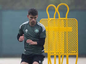 Matt O'Riley during a Celtic training session at Lennoxtwon ahead of Sunday's Scottish Cup semi-final against Rangers. (Photo by Craig Foy / SNS Group)