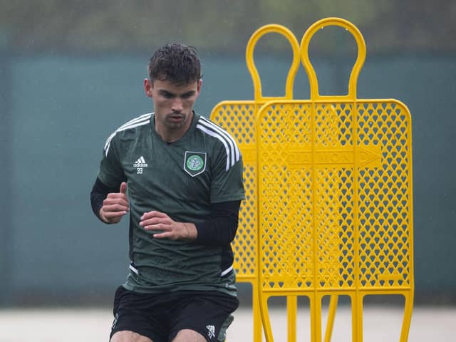 Matt O'Riley during a Celtic training session at Lennoxtwon ahead of Sunday's Scottish Cup semi-final against Rangers. (Photo by Craig Foy / SNS Group)