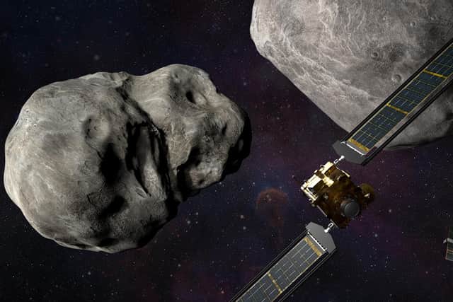 Undated handout artist impression issued by Nasa of its Double Asteroid Redirection Test or Dart. Nasa has successfully crashed a spacecraft into a small asteroid as part of a planetary protection test mission. While this asteroid - named Dimorphos - posed no threat to Earth, the aim of the mission was to demonstrate that dangerous incoming rocks can be deflected by deliberately smashing into them. Issue date: Tuesday September 27, 2022.