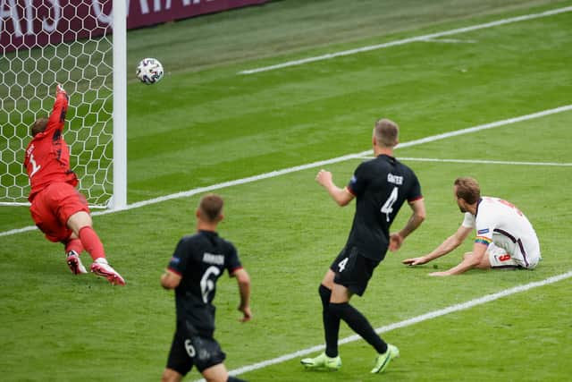 Harry Kane heads England into a 2-0 lead against Germany at Wembley.