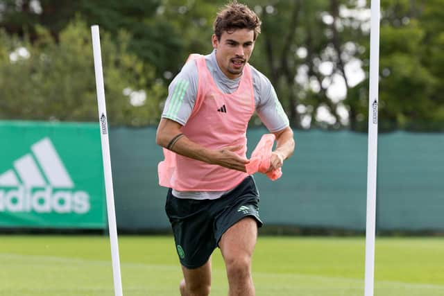 GLASGOW, SCOTLAND - AUGUST 11: Matt O'Riley during a Celtic training session at Lennoxtown, on August 11, 2023, in Glasgow, Scotland. (Photo by Craig Foy / SNS Group)