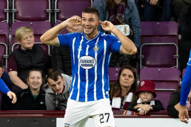 Kilmarnock's Innes Cameron celebrates his match-winning header against Hearts at Tynecastle. (Photo by Ross Parker / SNS Group)