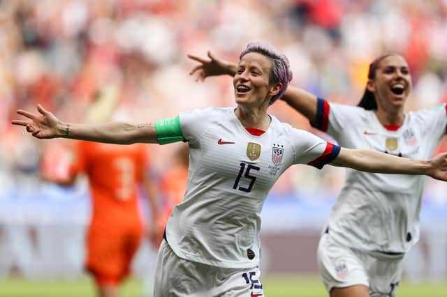 USA star Megan Rapinoe celebrates scoring in the 2019 World Cup final win over the Netherlands. (Photo by Richard Heathcote/Getty Images)