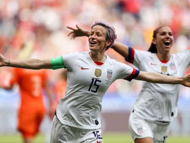 USA star Megan Rapinoe celebrates scoring in the 2019 World Cup final win over the Netherlands. (Photo by Richard Heathcote/Getty Images)