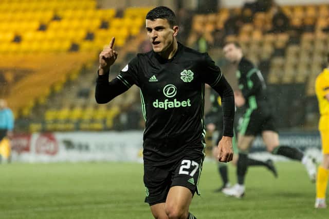 Celtic's Mohamed Elyounoussi celebrates making it 1-1 in the eventual 2-2 draw at Livingston on Wednesday. (Photo by Alan Harvey / SNS Group)