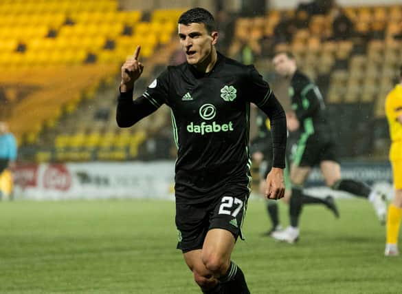 Celtic's Mohamed Elyounoussi celebrates making it 1-1 in the eventual 2-2 draw at Livingston on Wednesday. (Photo by Alan Harvey / SNS Group)