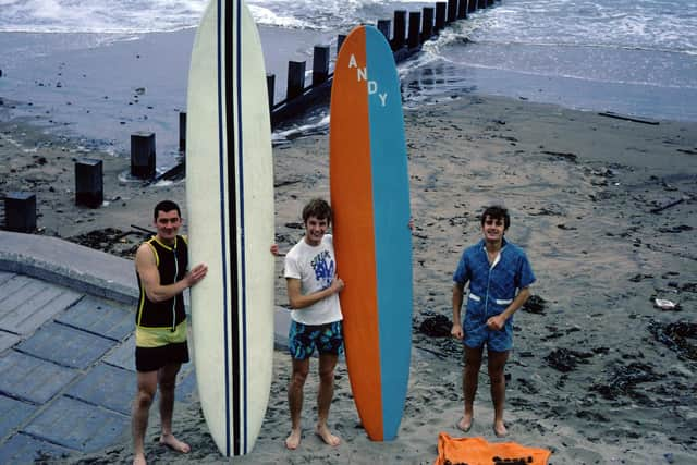 From left to right, George Law, Surfing Scotland author Andy Bennetts and Stuart Crichton, Aberdeen Beach, 1968 PIC: Copyright Andy Bennetts