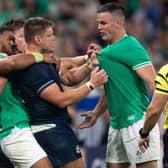 Tensions run high during Scotland's match against Ireland at the Rugby World Cup in Paris after Ollie Smith, left, had tripped Johnny Sexton, right. Bundee Aki and George Turner try to intervene.  (Photo by JEANNE ACCORSINI/SIPA/Shutterstock)