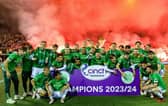 The Celtic squad celebrate in front of the visiting fans after clinching the title at Rugby Park. (Photo by Craig Williamson / SNS Group)