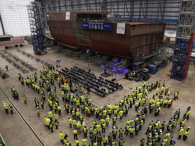 Work continues on HMS Venturer, a Royal Navy Type 31 frigate pictured in January last year, at Babcock’s Rosyth yard (Picture: Jeff J Mitchell/Getty Images)