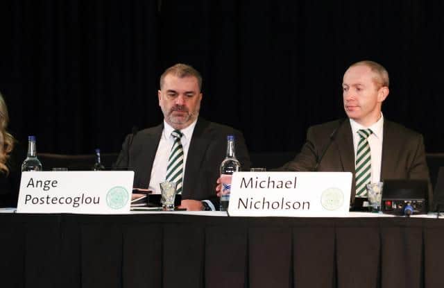 Celtic manager Ange Postecoglou attended his first club AGM as he sat alongside acting chief executive Michael Nicholson. (Photo by Craig Williamson / SNS Group)