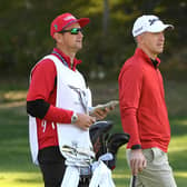 Martin Laird with caddie Kevin McAlpine on the 12th hole during the first round of the Genesis Invitational. Picture: Harry How/Getty Images