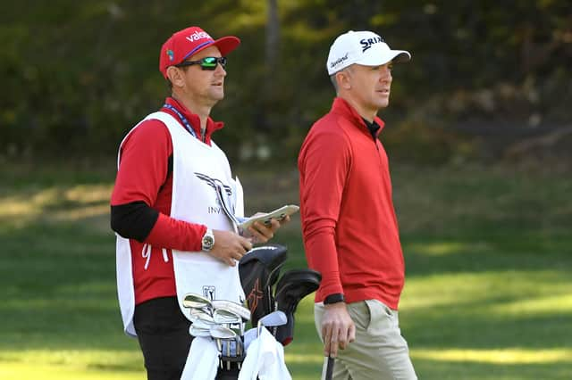 Martin Laird with caddie Kevin McAlpine on the 12th hole during the first round of the Genesis Invitational. Picture: Harry How/Getty Images