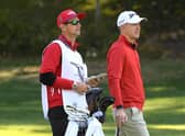 Martin Laird with caddie Kevin McAlpine on the 12th hole during the first round of the Genesis Invitational. Picture: Harry How/Getty Images