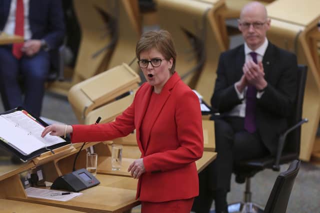 First Minister Nicola Sturgeon during First Minister's Questions at the Scottish Parliament in Holyrood, Edinburgh. Picture date: Thursday March 18, 2021.