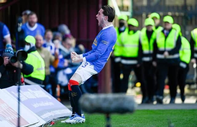 Scott Wright celebrates after scoring Rangers' second goal in their 3-1 win over Motherwell at Fir Park. (Photo by Rob Casey / SNS Group)