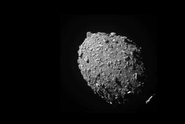 The moonlet Dimorphos, as seen by the Dart spacecraft 11 seconds before impact. While this asteroid posed no threat to Earth, the aim of the mission was to demonstrate that dangerous incoming rocks can be deflected by deliberately smashing into them. Picture: Nasa/Johns Hopkins APL