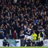 Scotland's Scott McTominay celebrates as he makes it 2-0 during the UEFA Euro 2024 qualifier between Scotland and Spain at Hampden Park. Photo by Ross MacDonald / SNS Group