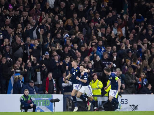 Scotland's Scott McTominay celebrates as he makes it 2-0 during the UEFA Euro 2024 qualifier between Scotland and Spain at Hampden Park. Photo by Ross MacDonald / SNS Group