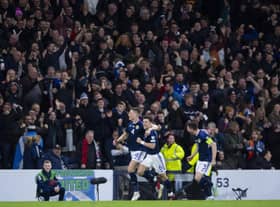 Scotland's Scott McTominay celebrates as he makes it 2-0 during the UEFA Euro 2024 qualifier between Scotland and Spain at Hampden Park. Photo by Ross MacDonald / SNS Group