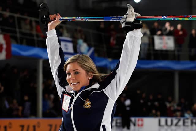 Eve Muirhead celebates after the final shot to win the Gold medal match between Sweden and Scotland at the World Women's Curling Championship in Riga, Latvia in 2013.  (Photo by Dean Mouhtaropoulos/Getty Images)