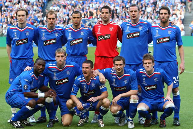The Rangers team which started the 2008 UEFA Cup final in Manchester. Back row (L to R) - Sasa Papac, Steven Whittaker, Brahim Hemdani, Neil Alexander, David Weir, Carlos Cuellar. Front row (L to R) - Jean-Claude Darcheville, Kirk Broadfoot, Barry Ferguson, Kevin Thomson, Steven Davis. (Photo by Laurence Griffiths/Getty Images)