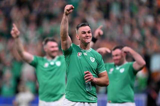 Johnny Sexton celebrates Ireland's crucial 13-8 win over South Africa.