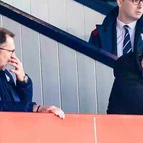 Dundee manager Mark McGhee (right) and managing director John Nelms look on during the 4-0 defeat to Livingston at Dens Park. (Photo by Roddy Scott / SNS Group)