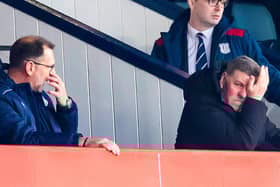 Dundee manager Mark McGhee (right) and managing director John Nelms look on during the 4-0 defeat to Livingston at Dens Park. (Photo by Roddy Scott / SNS Group)