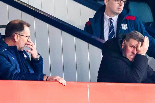Dundee manager Mark McGhee (right) and managing director John Nelms look on during the 4-0 defeat to Livingston at Dens Park. (Photo by Roddy Scott / SNS Group)