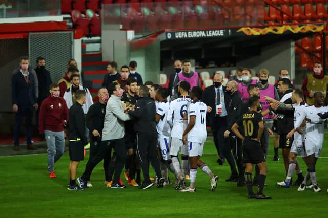 Angry clashes between players and staff of Standard Liege and Rangers at the end of the Ibrox side's 2-0 Europa League Group D win in Belgium. (Photo by Dean Mouhtaropoulos/Getty Images)