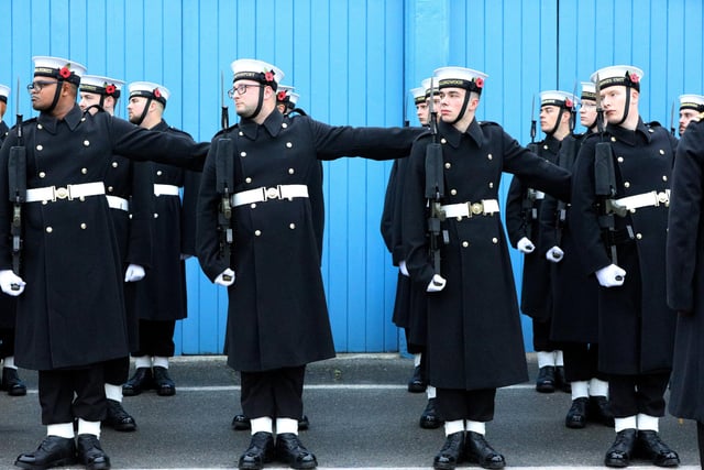 The Royal Navy's Ceremonial Guard in their final rehearsal for their duties at the Cenotaph in London, on Remembrance Sunday. They were photographed at Whale Island, Portsmouth. Picture: Chris Moorhouse   (jpns 101121-26)