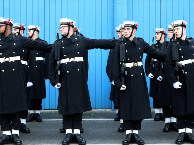 The Royal Navy's Ceremonial Guard in their final rehearsal for their duties at the Cenotaph in London, on Remembrance Sunday. They were photographed at Whale Island, Portsmouth. Picture: Chris Moorhouse   (jpns 101121-26)
