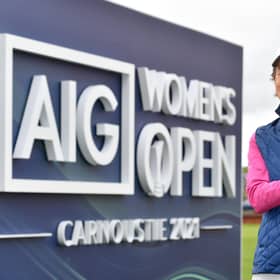 Former winner Catriona Matthew poses with the AIG Women's Open trophy during a visit to Carnoustie ahead of this year's event in August. Picture: Mark Runnacles/Getty Images/R&A.