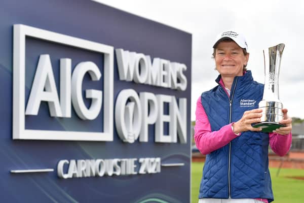 Former winner Catriona Matthew poses with the AIG Women's Open trophy during a visit to Carnoustie ahead of this year's event in August. Picture: Mark Runnacles/Getty Images/R&A.