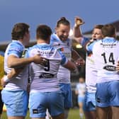 Glasgow captain Ryan Wilson, centre, leads the celebrations after hooker Johnny Matthews' (2nd right) try against Newcastle Falcons. (Photo by Stu Forster/Getty Images)
