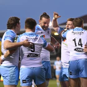 Glasgow captain Ryan Wilson, centre, leads the celebrations after hooker Johnny Matthews' (2nd right) try against Newcastle Falcons. (Photo by Stu Forster/Getty Images)