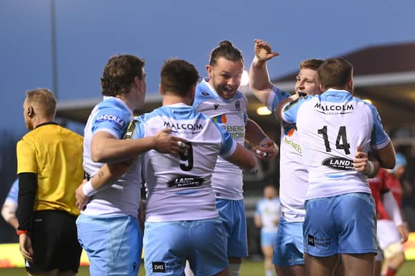 Glasgow captain Ryan Wilson, centre, leads the celebrations after hooker Johnny Matthews' (2nd right) try against Newcastle Falcons. (Photo by Stu Forster/Getty Images)