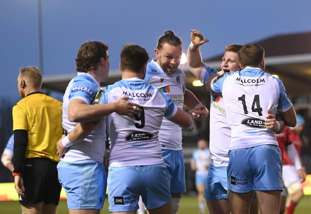 Glasgow captain Ryan Wilson, centre, leads the celebrations after hooker Johnny Matthews' (2nd right) try against Newcastle Falcons. (Photo by Stu Forster/Getty Images)