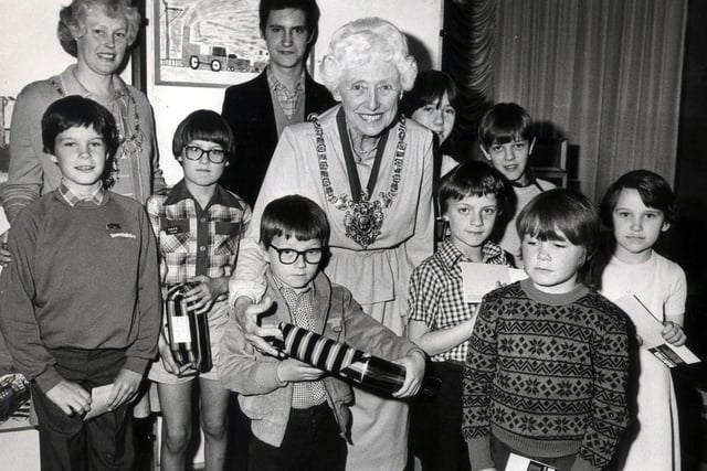 The Lord Mayor of Sheffield Coun Enid Hattersley with young prizewinners of the Sheffield Model Railway Exhibition on May 28, 1981