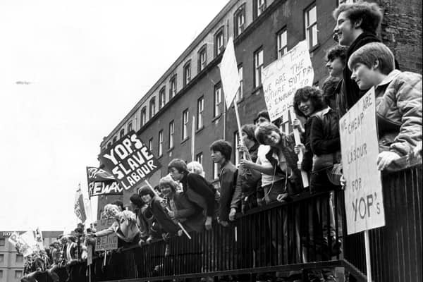 Young unemployed people demonstrate outside St Andrew’s House in Edinburgh about the Youth Opportunities Programme in June 1981 (Picture: Dennis Straughan)