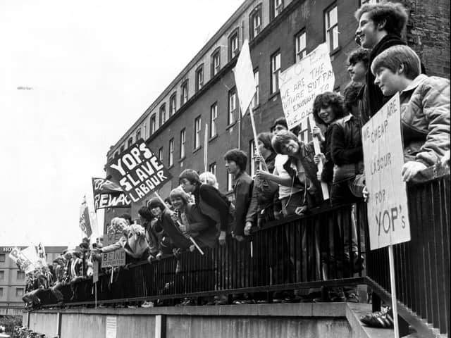 Young unemployed people demonstrate outside St Andrew’s House in Edinburgh about the Youth Opportunities Programme in June 1981 (Picture: Dennis Straughan)