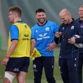 Gregor Townsend shares a smile with his Scotland players during training at Oriam.