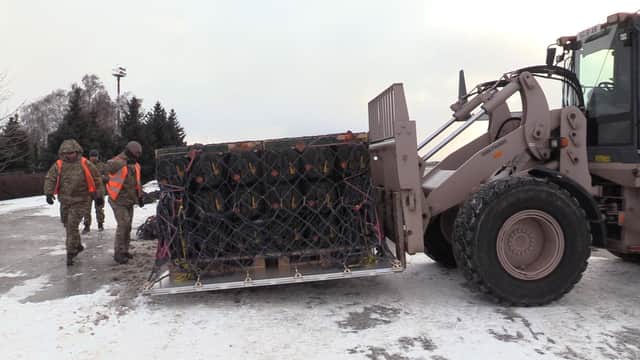 Handout photo dated 18/01/22 issued by the Ministry of Defence (MoD) of Ukraine showing the delivery of a consignment of international technical aid from Great Britain to the armed forces of Ukraine. Issue date: Wednesday January 19, 2022.