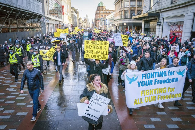The protest is believed to have been organised by Scotland Against Lockdown, a group that runs campaigns against mandatory facemasks, the Scottish and UK Governments’ Coronavirus Act 2020, social distancing and mandatory vaccines, according to its social media pages.