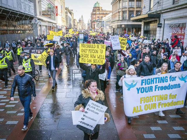 The protest is believed to have been organised by Scotland Against Lockdown, a group that runs campaigns against mandatory facemasks, the Scottish and UK Governments’ Coronavirus Act 2020, social distancing and mandatory vaccines, according to its social media pages.