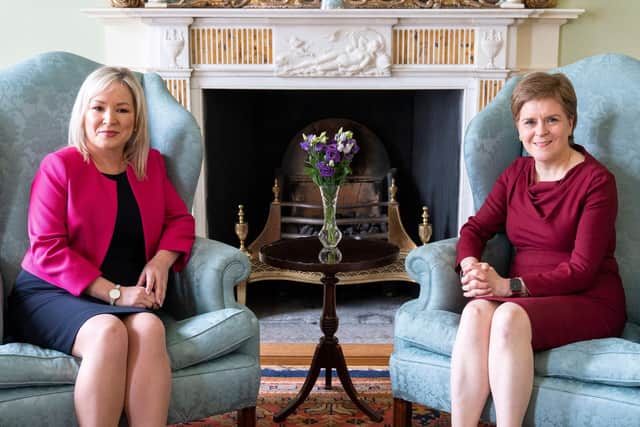 First Minister Nicola Sturgeon (right) and Sinn Fein's Northern Ireland leader Michelle O'Neill (left) pose for a photograph ahead of talks at Bute House. Picture: Jane Barlow/AFP via Getty Images